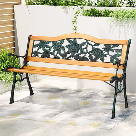 Gardeon Outdoor Garden Bench Seat 126cm Wooden Cast Iron 3 Seater Patio Furniture