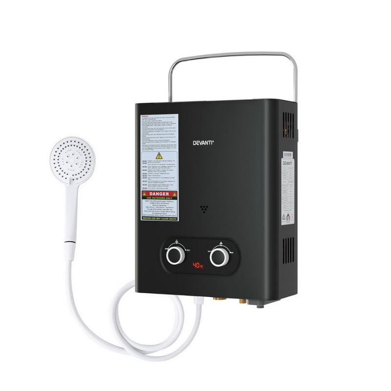 Devanti Portable Gas Water Heater 6L/Min LPG System Black