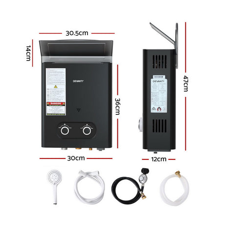 Devanti Portable Gas Water Heater 6L/Min LPG System Black