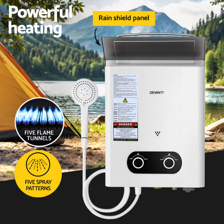 Devanti Portable Gas Water Heater 6LPM Outdoor Camping Shower White