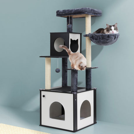 i.Pet Cat Tree Tower Scratching Post Scratcher 144cm Wood Bed Condo House Cabinet