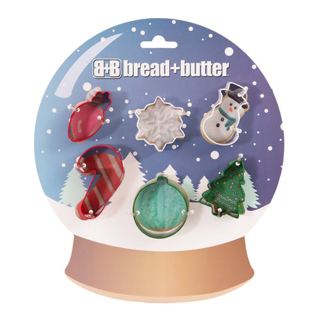 Bread and Butter Cookie Cutter - Globe, Flake, SnowMan, Cane, Sock, Tree - 6 Pk