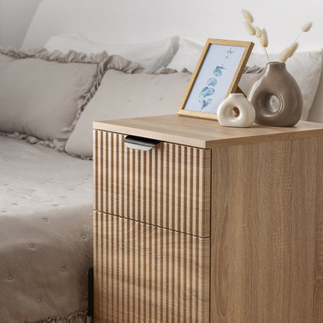 PORTO BEDSIDE TABLE - NATURAL OAK - FLUTED - PULL BLACK