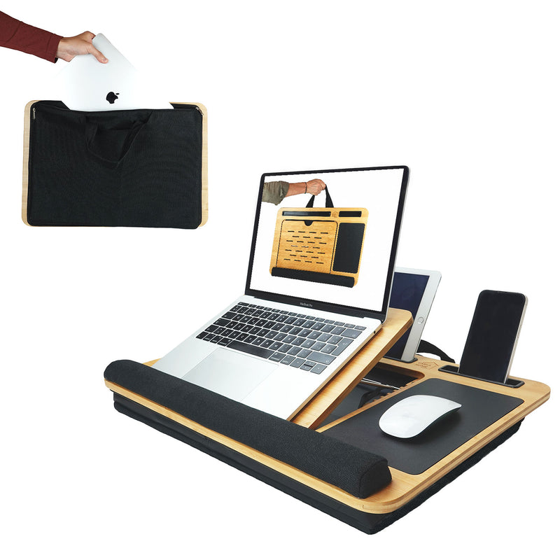 CARLA HOME Bamboo Laptop Lap Desk with Cushion, Angle Adjustable and Sleeve Case Bag for Office and Home