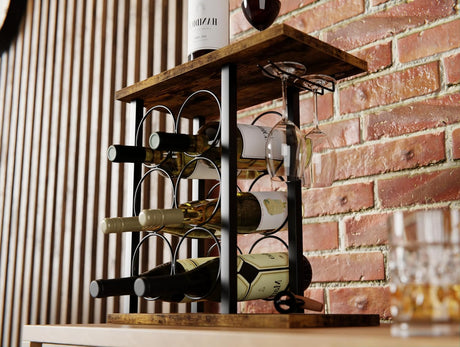 Wine Rack Countertop Wooden & Metal Holder for 6 Bottles & 2 Glasses