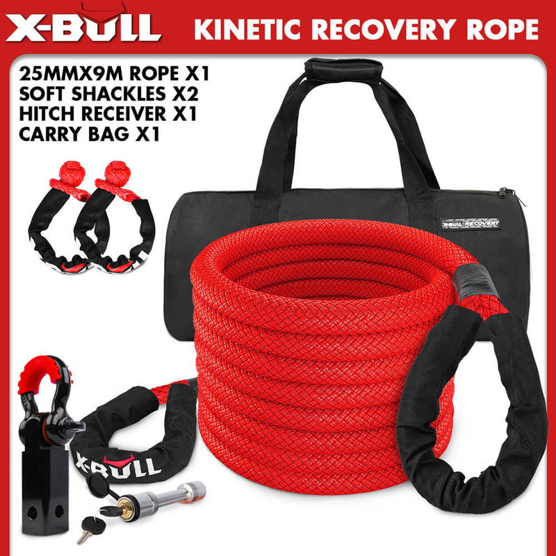 X-BULL Kinetic Recovery Rope Gear Kit soft shackles Hitch Receiver 25mm x 9m Dyneema