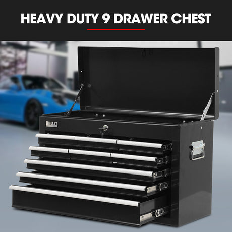 Bullet Pro 9 Drawer Tool Box Chest, Organiser Mechanic Garage Storage Toolbox Set - Black