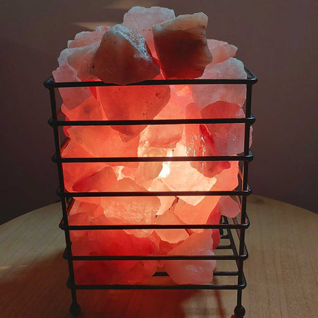 12V 12W Rectangle Iron Basket Himalayan Pink Salt Lamp Rock Crystal Bulb On/Off