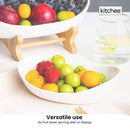 2 Tier Porcelain Fruit Bowl - Ceramic Vegetable Storage With Bamboo Stand