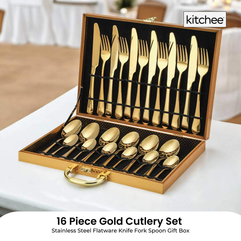 24 Piece Gold Cutlery Set - Stainless Steel Flatware Knife Fork Spoon Gift Box