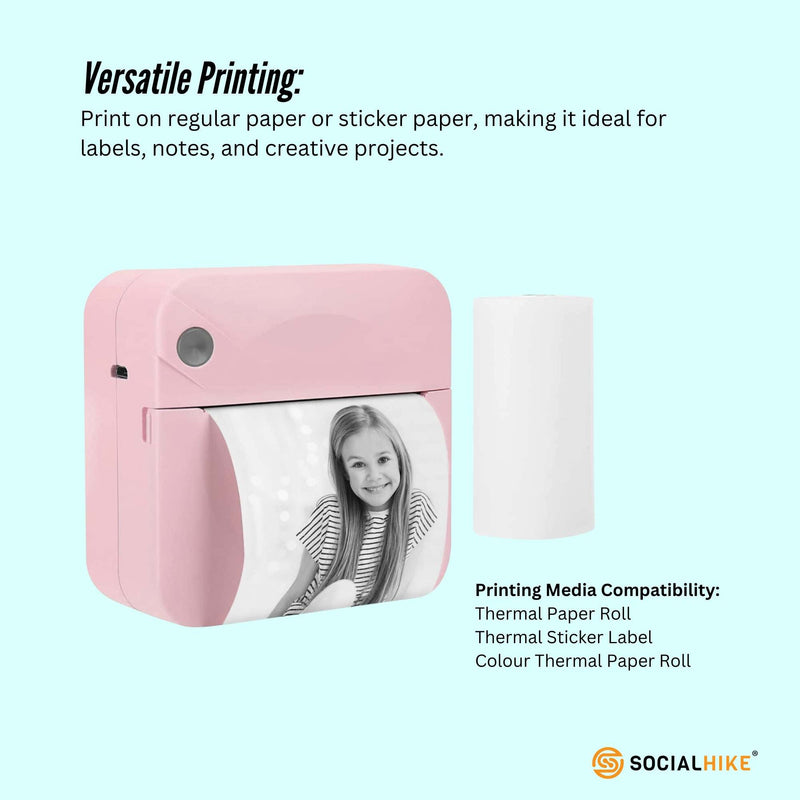 Portable Mini Printer Pink - Inkless Bluetooth Phone Pocket Thermal Printing