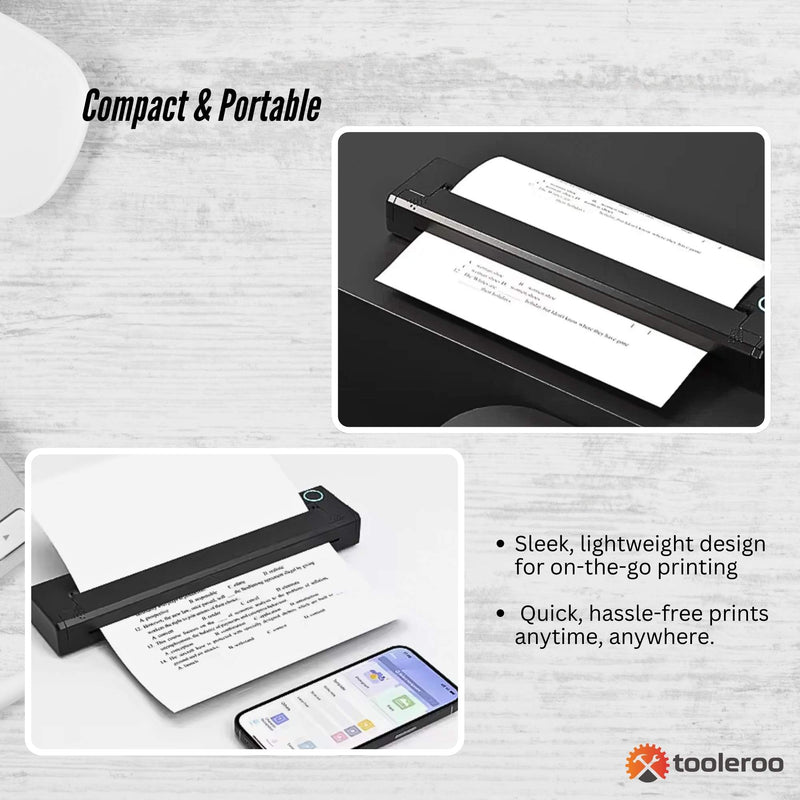 Tooleroo Portable A4 Thermal Printer Black + Paper Kit - Wireless and Inkless