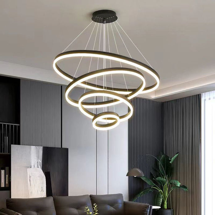 Black 3 Rings Minimalist LED Pendant Light Adjustable Circular Chandelier