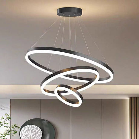 Black 3 Rings Minimalist LED Pendant Light Adjustable Circular Chandelier