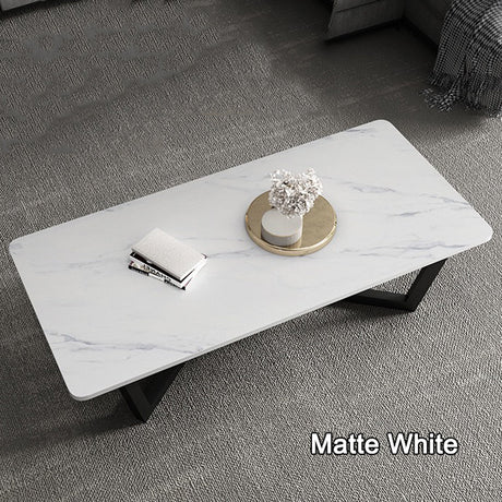 120x60cm Matte White Minimalist Slate Coffee Table Marble Tea Table Living Room Rectangle Cocktail Side Table Solid Metal Legs