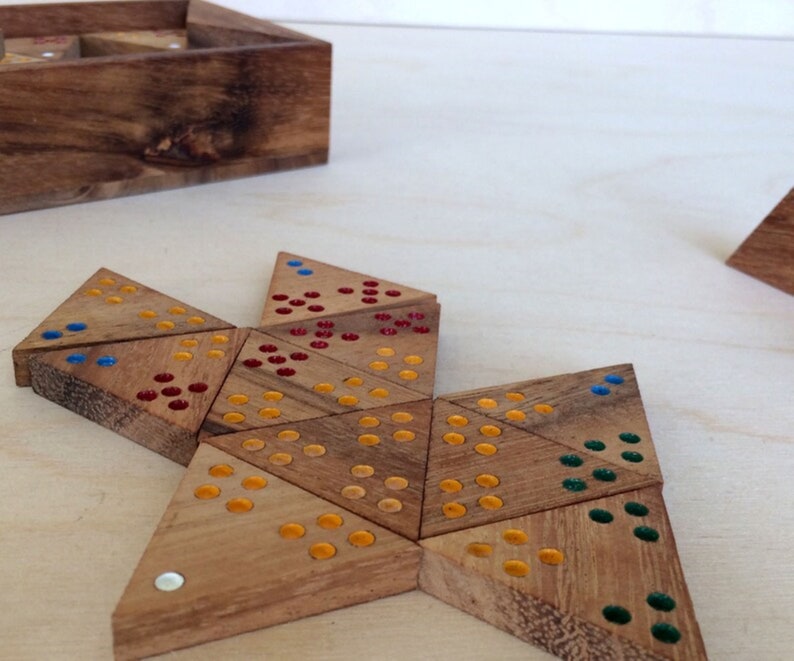 Wooden Domino Game Set Triangle shaped Handmade Dominoes in Gift box