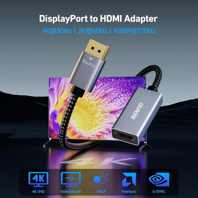 BENFEI 4K DisplayPort to HDMI Adapter, (2K 60Hz, 1080p 120Hz) Uni-Directional Display Port to HDMI Monitor Converter