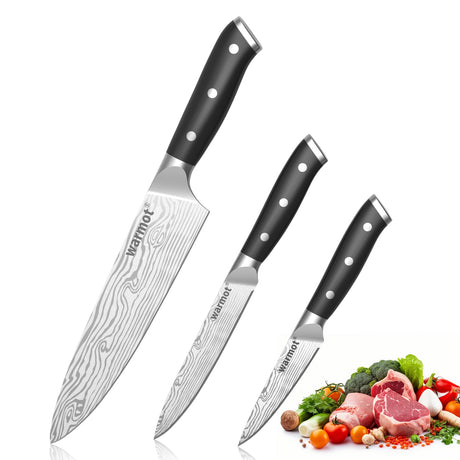 Warmot 3-Piece High Carbon Stainless Steel Cooking Knife Triple Riveted Handle with Gift Box(997-3)