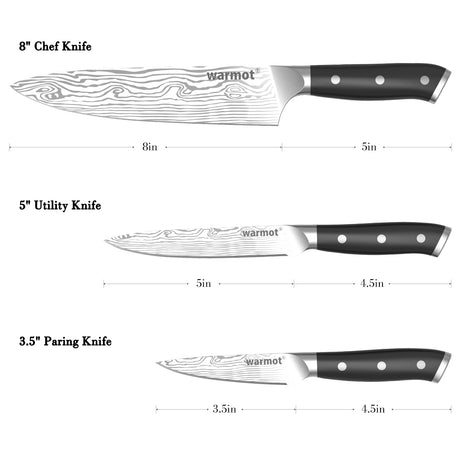 Warmot 3-Piece High Carbon Stainless Steel Cooking Knife Triple Riveted Handle with Gift Box(997-3)