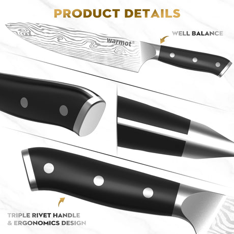 Warmot 7-Piece High Carbon Stainless Steel Cooking Knife Triple Riveted Handle with Gift Box(997-7)