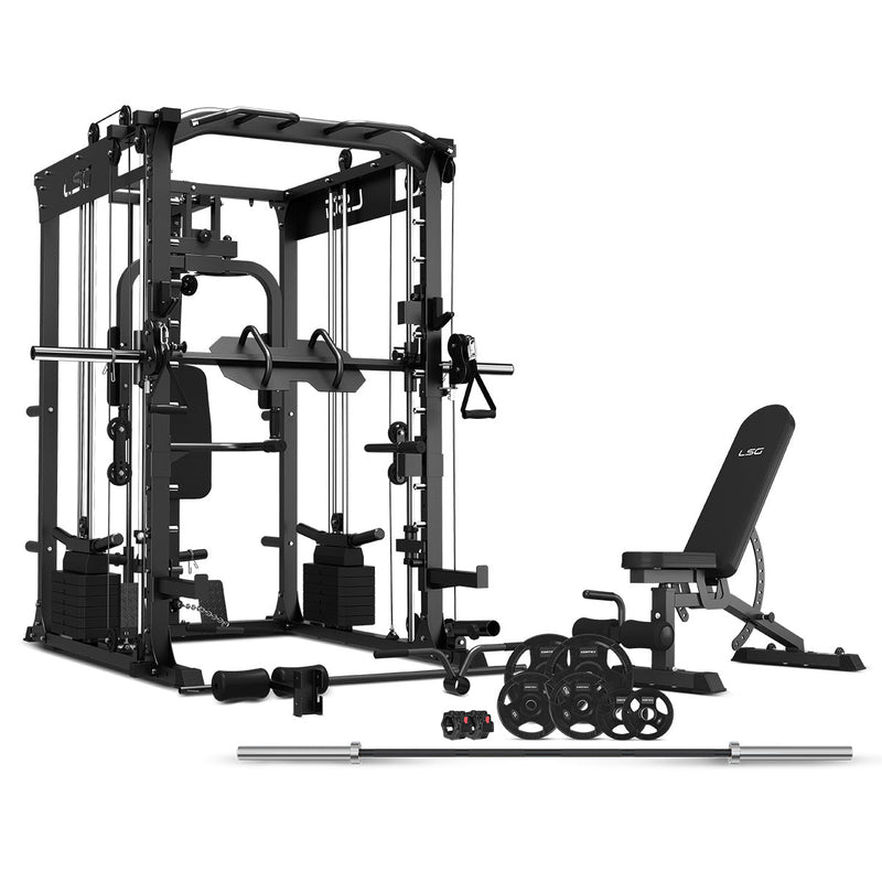 LSG GRK200 with FID Bench, 90kg Olympic Weights - Barbell and Rubber Tri-Grip Plates