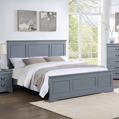 5 Pieces Bedroom Suite in Solid Wood & MDF King Size Grey Colour Bed, Bedside Table, Dresser & Tallboy