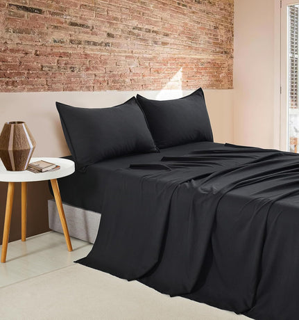 CleverPolly Vintage Washed Microfibre Sheet Set with 1 Pillowcase - Black - Single