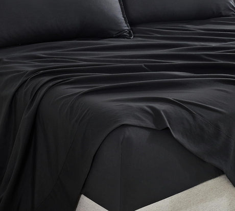 CleverPolly Vintage Washed Microfibre Sheet Set with 1 Pillowcase - Black - Single