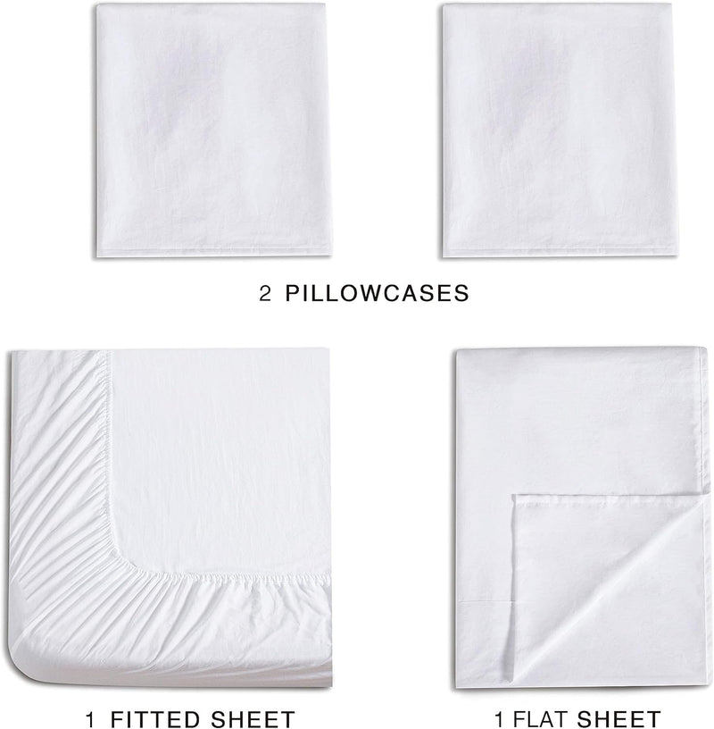 CleverPolly Vintage Washed Microfibre Sheet Set with 1 Pillowcase - White - Single