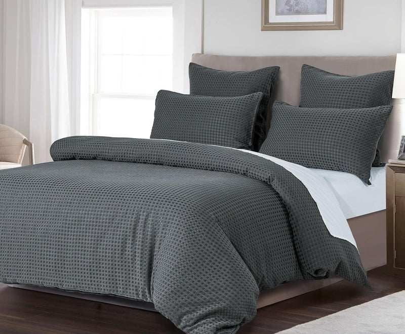 CleverPolly 100% Premium Waffle Microfibre Quilt Cover Set (3Pcs) - Dark Grey - Double