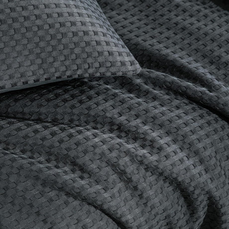 CleverPolly 100% Premium Waffle Microfibre Quilt Cover Set (3Pcs) - Dark Grey - Double