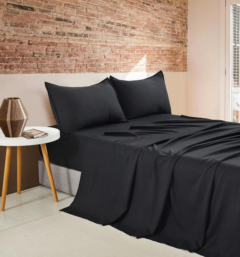 CleverPolly Vintage Washed Microfibre Sheet Set with 2 Pillowcases - Black - Double