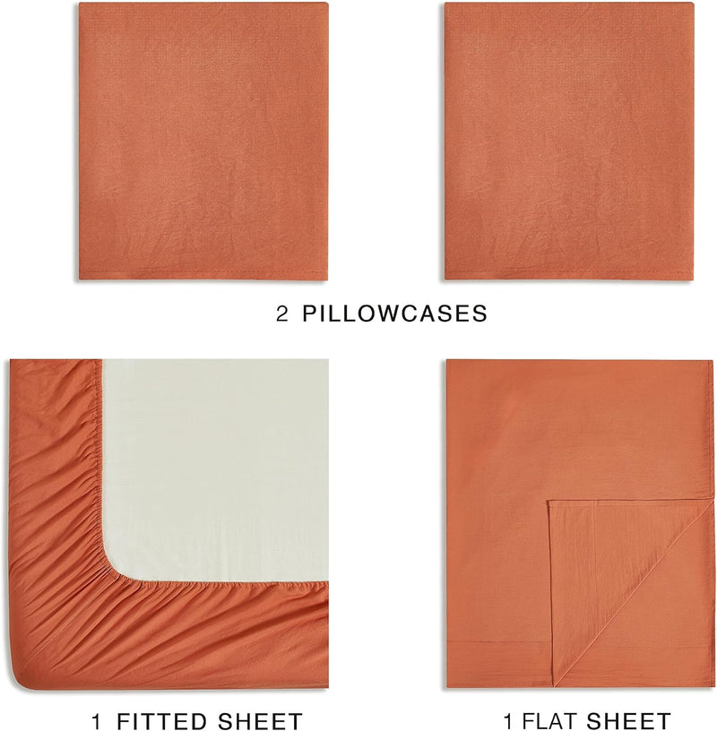 CleverPolly Vintage Washed Microfibre Sheet Set with 2 Pillowcases - Terracotta - Double