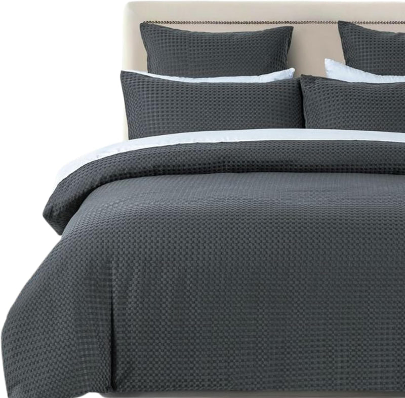 CleverPolly 100% Premium Waffle Microfibre Quilt Cover Set (3Pcs) - Dark Grey - Queen