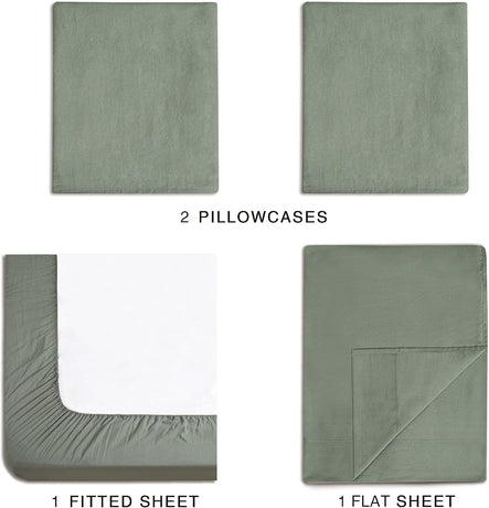 CleverPolly Vintage Washed Microfibre Sheet Set with 2 Pillowcases - Khaki Green - Queen