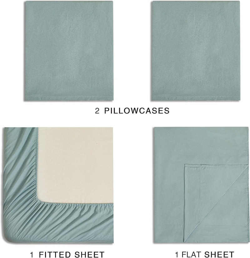 CleverPolly Vintage Washed Microfibre Sheet Set with 1 Pillowcase - Seafoam - King Single