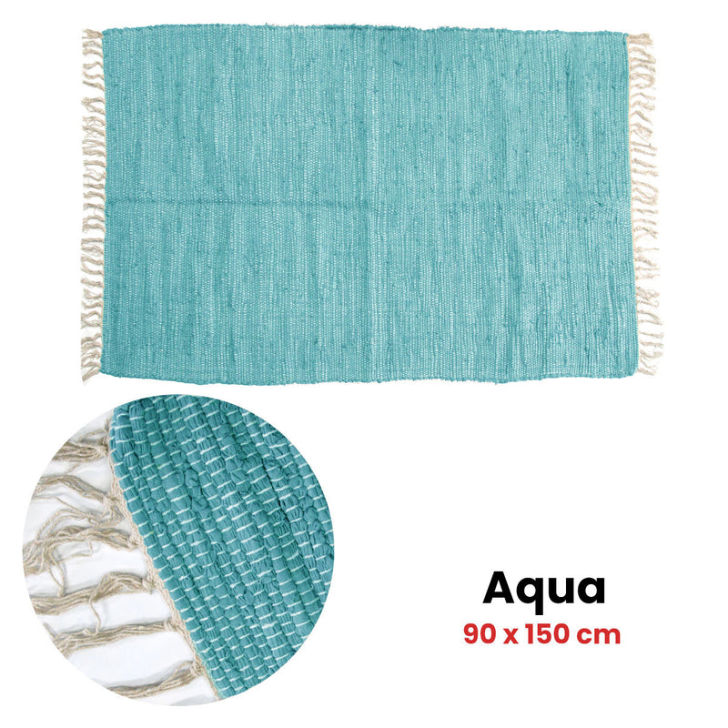 Large Chindi Cotton Handmade Floor Mat with Tassels 90 x 150 cm Aqua