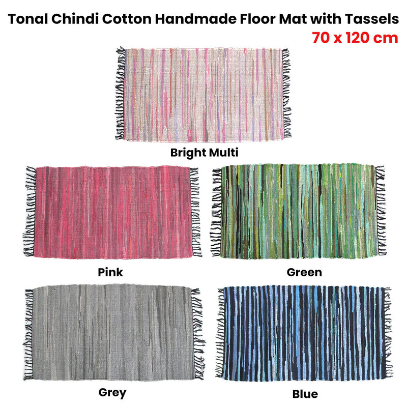 Tonal Chindi Cotton Handmade Floor Mat with Tassels 70 x 120 cm Grey