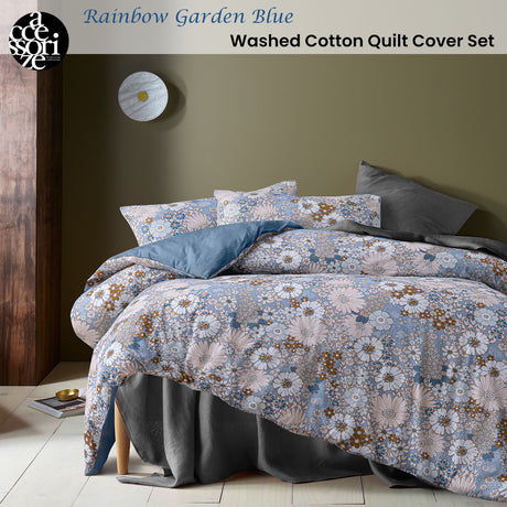 Accessorize Rainbow Garden Blue Washed Cotton Quilt Cover Set Double