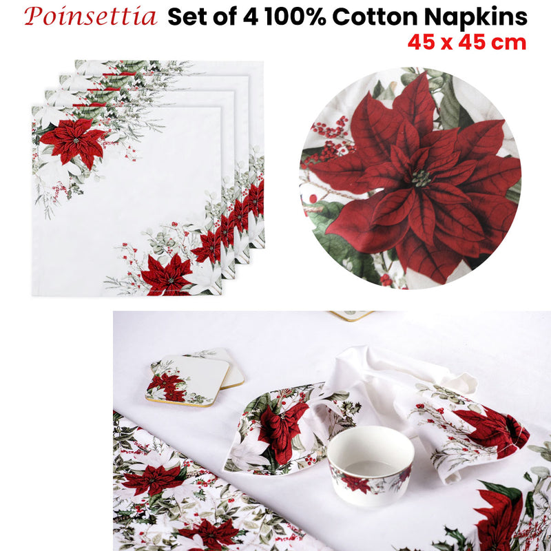 Ashdene Set of 4 Poinsettia 100% Cotton Napkins 45 x 45 cm