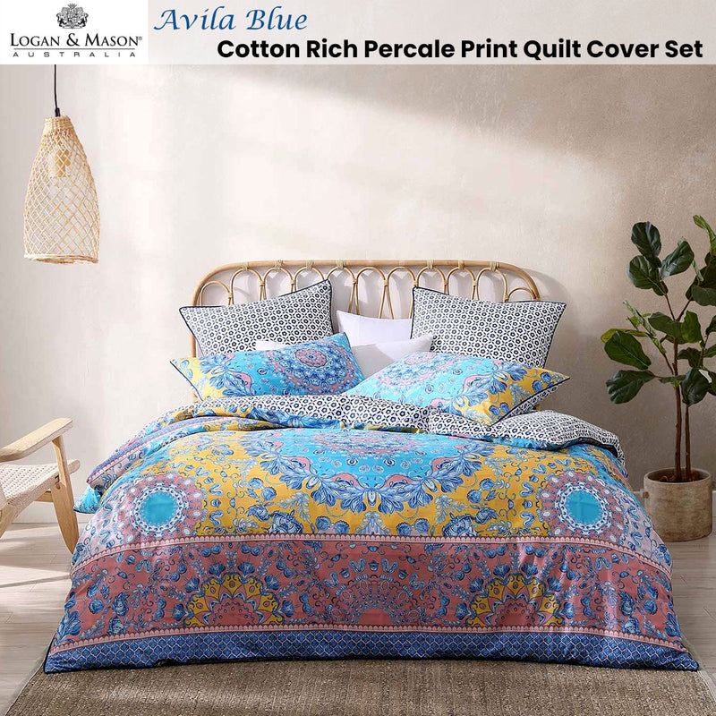 Logan and Mason Avila Blue Cotton Rich Percale Reversible Quilt Cover Set Queen