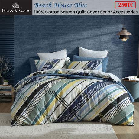 Logan & Mason Beach House Blue 250TC 100% Cotton Sateen Quilt Cover Set Super King