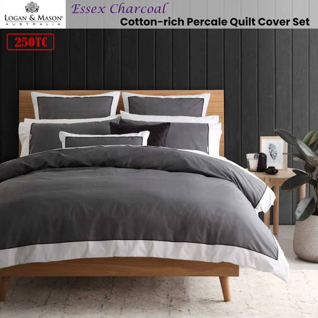 Logan and Mason Essex Charcoal Cotton-rich Percale Print Quilt Cover Set Super King