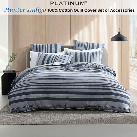 Platinum Collection Hunter Indigo 100% Cotton Seersucker Quilt Cover Set Queen