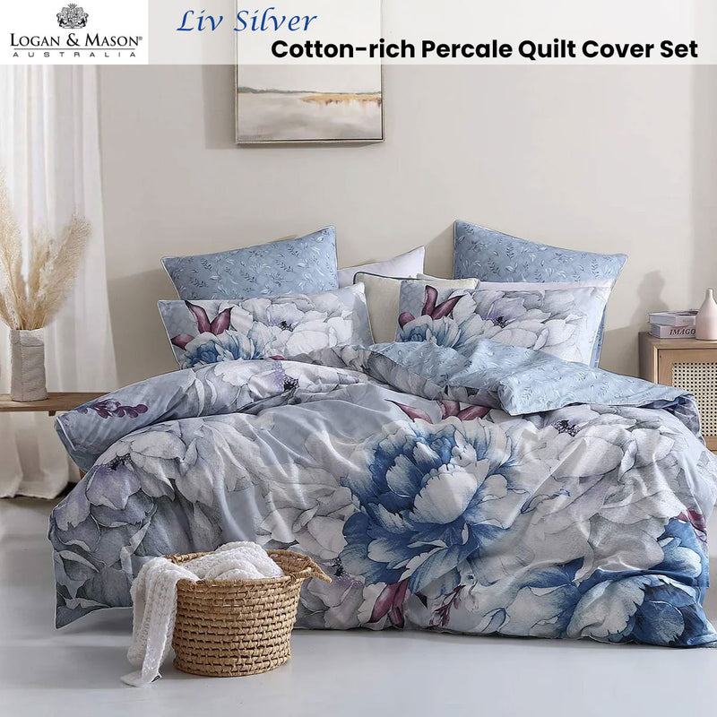 Logan and Mason Liv Silver Cotton-rich Percale Print Quilt Cover Set Super King