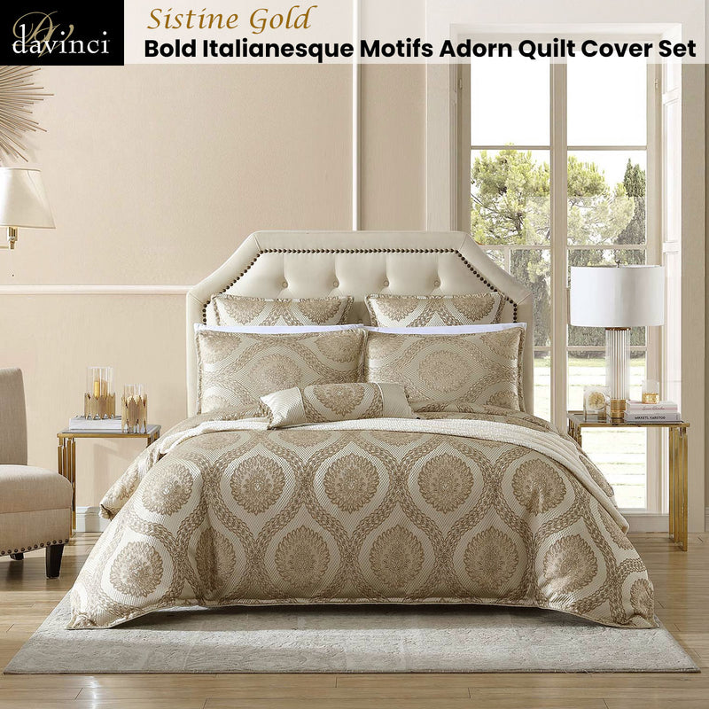 Davinci Sistine Gold Bold Italianesque Motifs Adorn Robed Finish Quilt Cover Set Queen