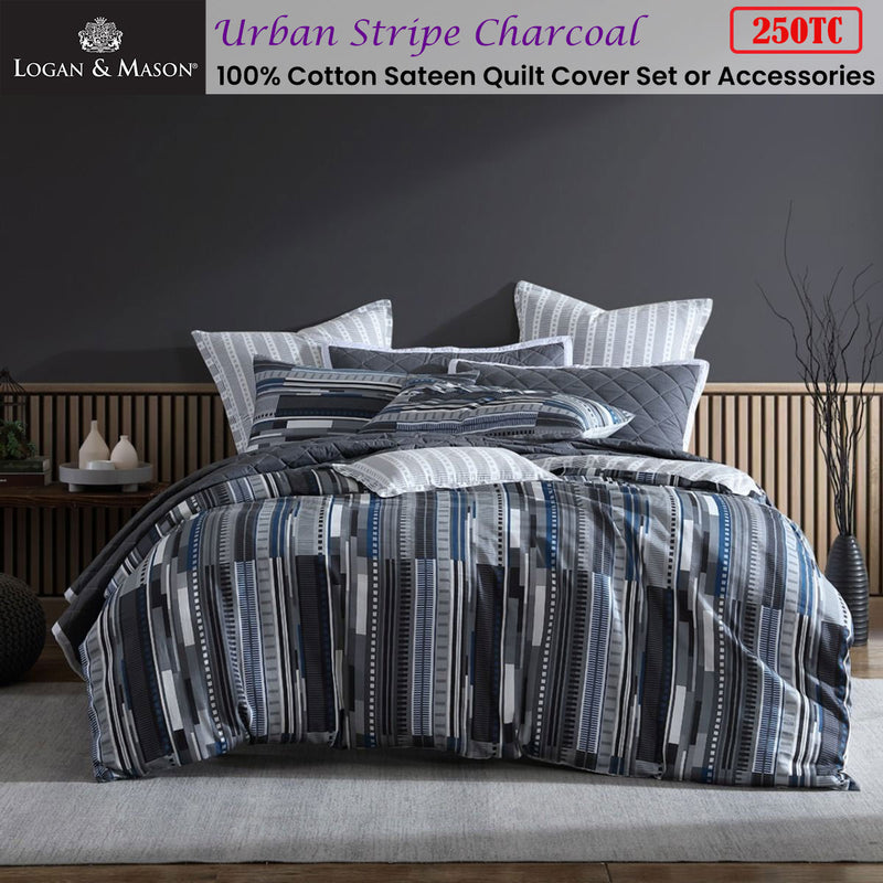 Logan & Mason Urban Stripe Charcoal 250TC 100% Cotton Sateen Quilt Cover Set King