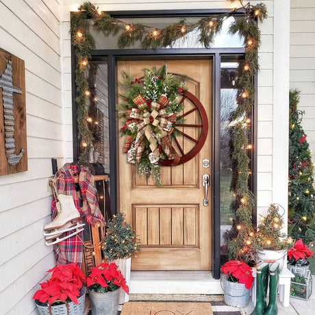 Christmas Red Wooden Wheel Wreath Front Door Hanging Garland Wall Decor(40*40cm)