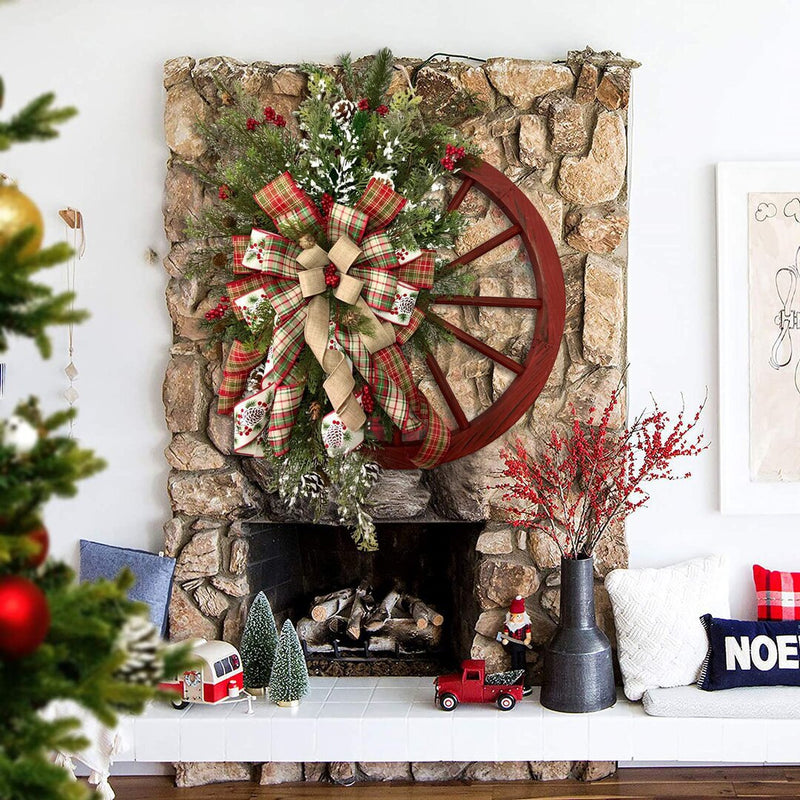 Christmas Red Wooden Wheel Wreath Front Door Hanging Garland Wall Decor(40*40cm)