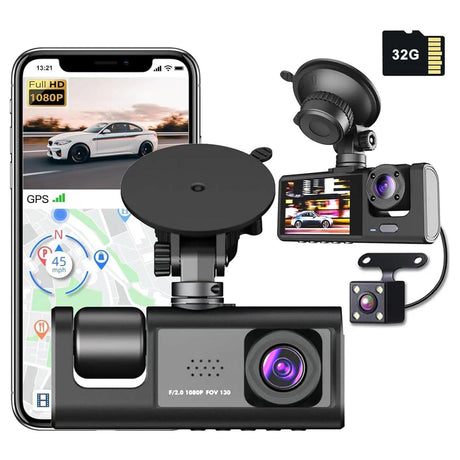 WIFI 3 Channels Dash Cam 1080P Full HD Car Dashcam Comes with Free 32GB Card